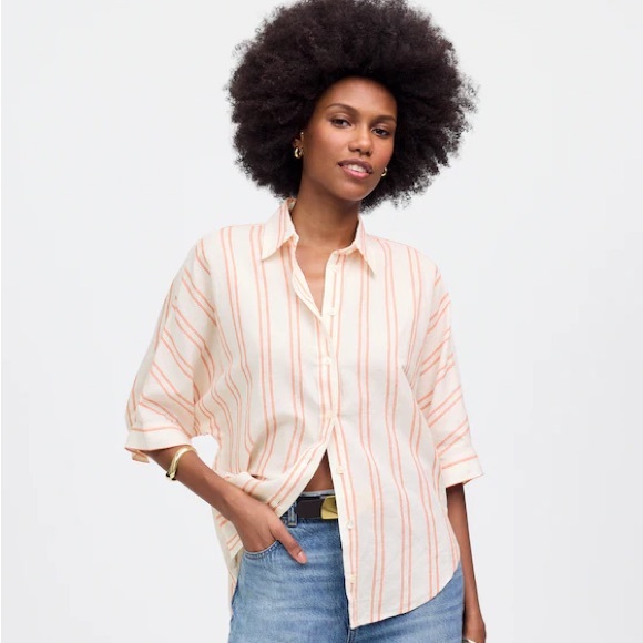 Madewell NWT Oversized Pleated Sleeve Button Up Shirt Size Large in Bright Flame - Picture 1 of 14